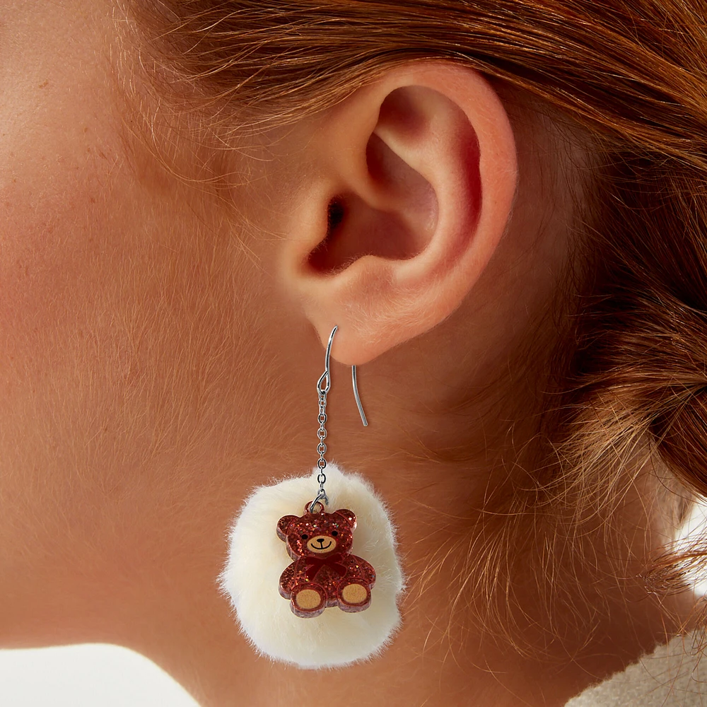 Teddy Bear Pom Pom 2" Drop Earrings