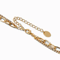 Gold-tone Paperclip Chain & Crystal Multi-Strand Necklace