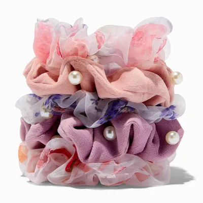 Sheer Floral & Pearl Pastel Hair Scrunchies - 5 Pack