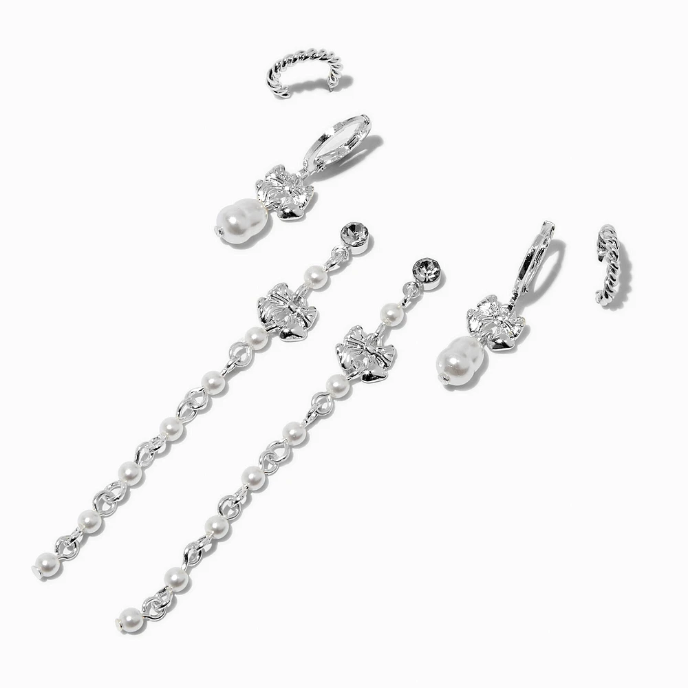 Silver-tone Bow Pearl Earring Stackables Set - 3 Pack