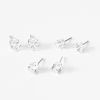 Silver Cubic Zirconia 5MM Round Stud Earrings - 3 Pack