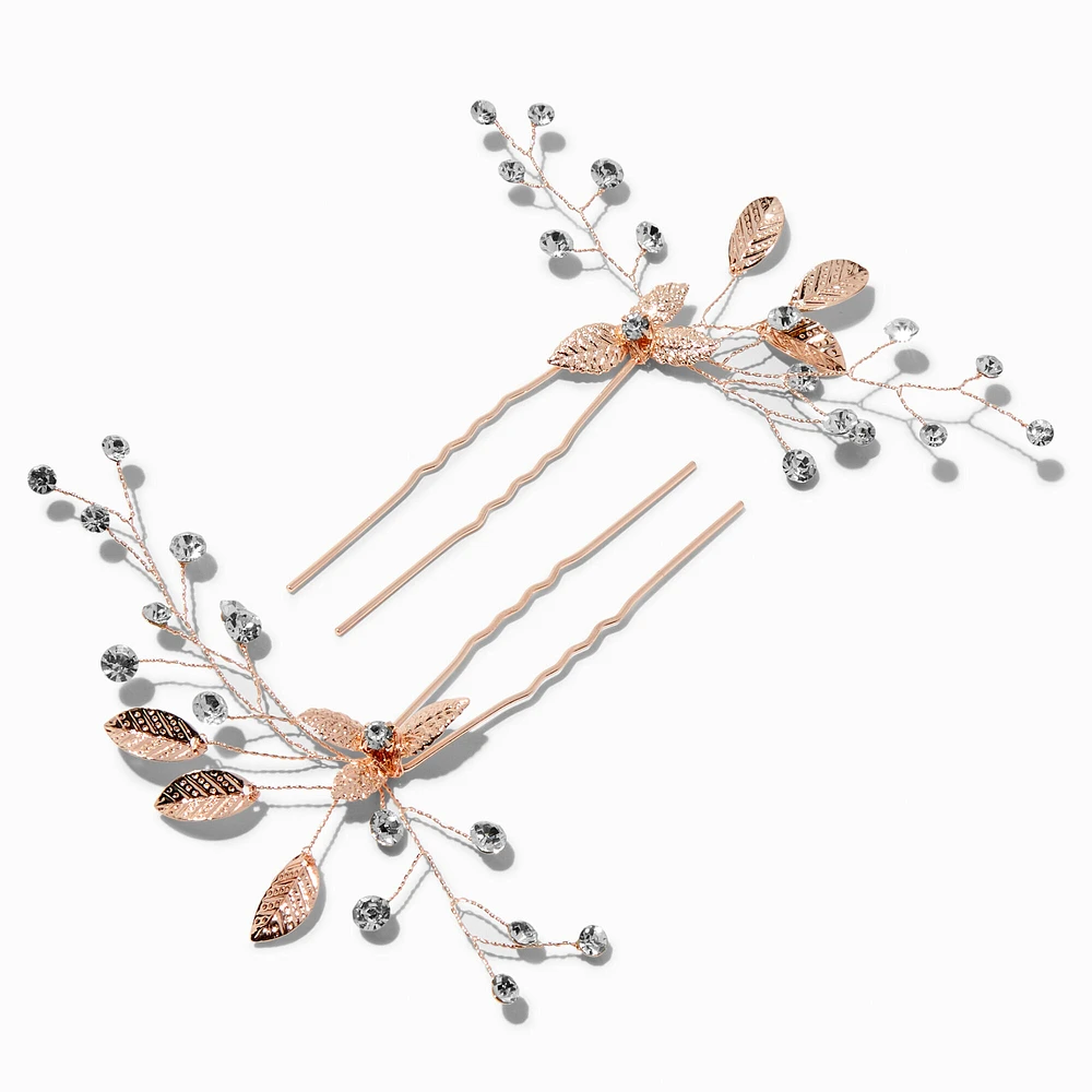 Rhinestone & Rose Gold-tone Leaf Spray Hair Pins - 2 Pack