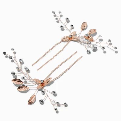 Rhinestone & Rose Gold-tone Leaf Spray Hair Pins - 2 Pack