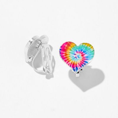 Rainbow Tie Dye Heart Clip On Earrings