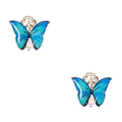 Silver Glitter Butterfly Clip On Earrings - Blue