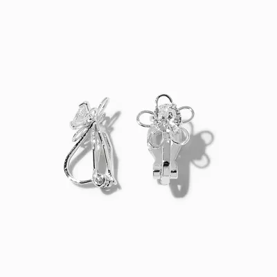 Silver-tone Cubic Zirconia Daisy Clip-On Earrings