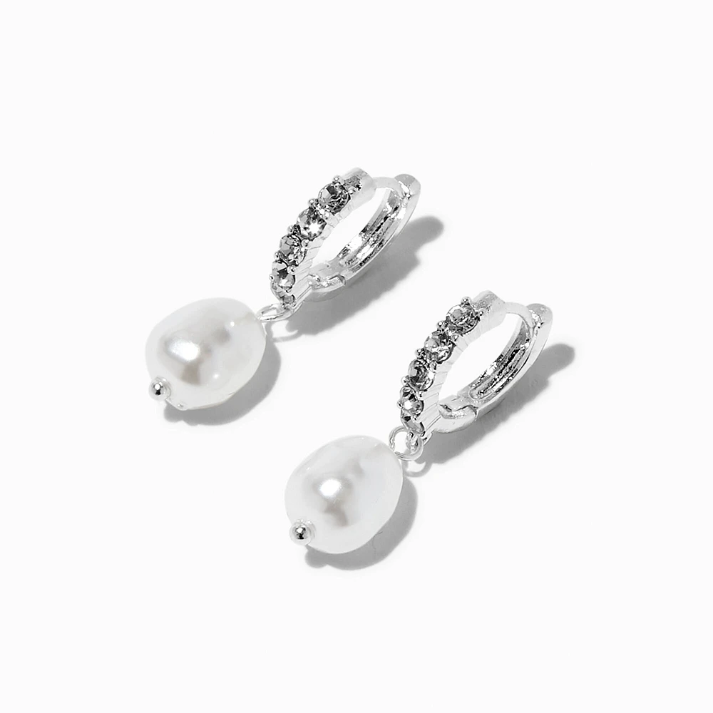 Silver-tone 10MM Pearl Crystal Huggie Hoop Earrings