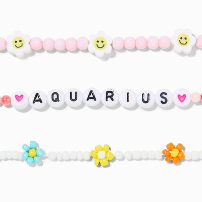 Zodiac Daisy Happy Face Beaded Stretch Bracelets - 3 Pack, Aquarius