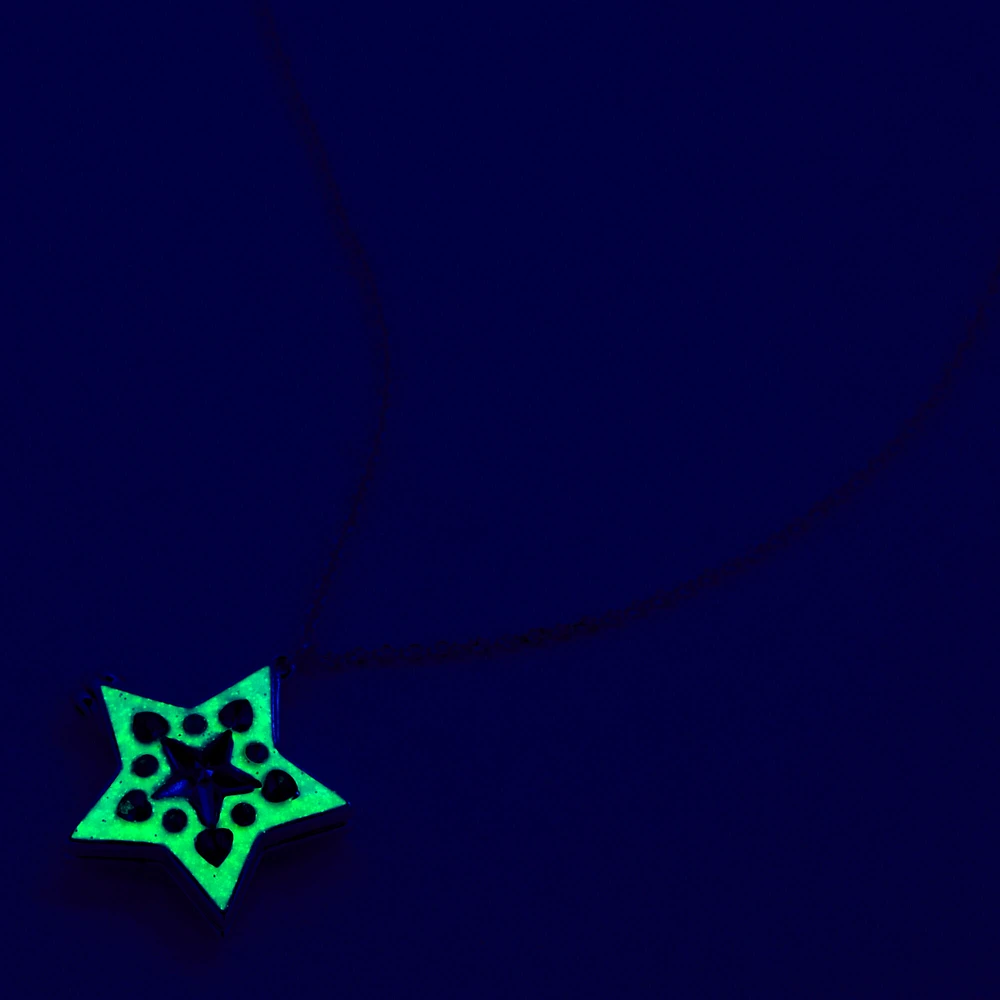 Glow In The Dark Blue Mosaic Star Locket Pendant Necklace