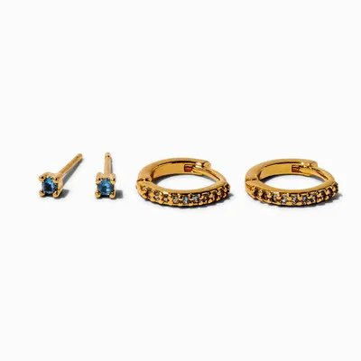 C LUXE by Claire's 18k Yellow Gold Plated Aqua Cubic Zirconia 2MM Stud & 8MM Hoop Earrings - 2 Pack