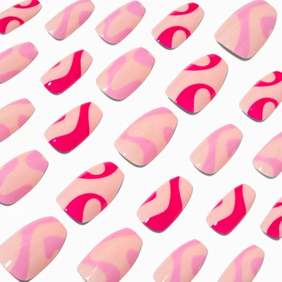 Pink Swirl Coffin Vegan Faux Nail Set - 24 Pack