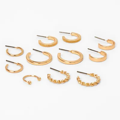 Gold Mixed Hoop Earrings and Ear Cuff Set - 6 Pack