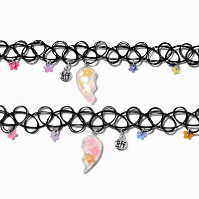 Best Friends Split Heart Flower Charm Tattoo Choker Necklaces - 2 Pack