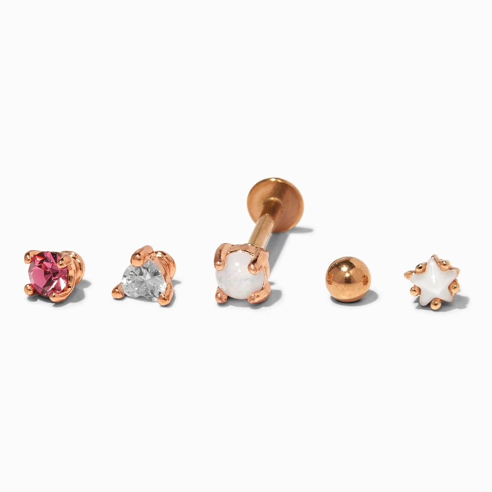 Rose Gold-tone Stainless Steel Cubic Zirconia Multi Changeable Flat Back 16G Tragus Earrings - 5 Pack