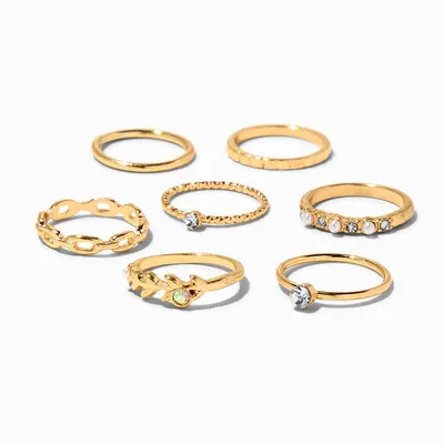 Gold Pearl & Crystal Midi Rings - 7 Pack