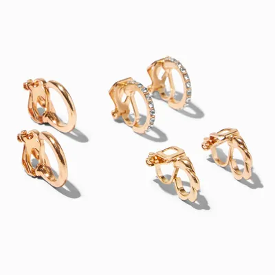 Gold Embellished Crystal Clip On Huggie Hoop Earrings - 3 Pack