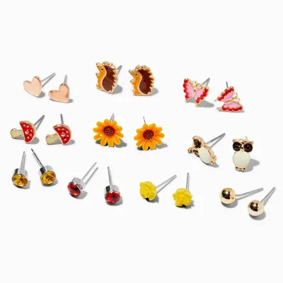 Hedgehogs, Mushrooms & Assorted Fall Stud Earrings - 9 Pack