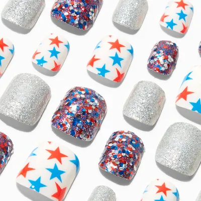 Stars & Stripes Glittery Square Press On Faux Nail Set - 24 Pack