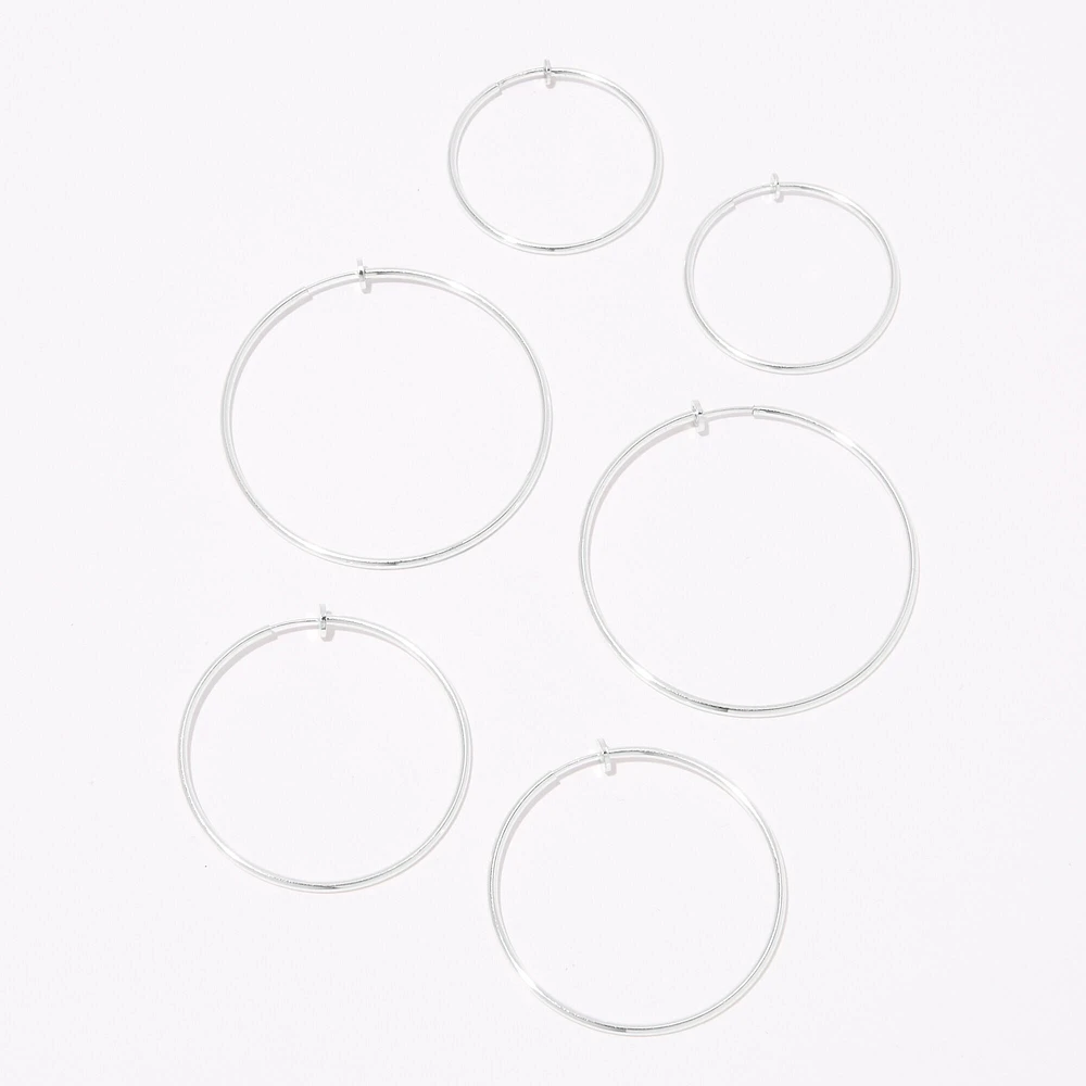 Silver Graduated Clip-On Hoop Earrings - 3 Pack