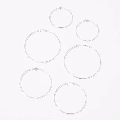 Silver Graduated Clip On Hoop Earrings - 3 Pack