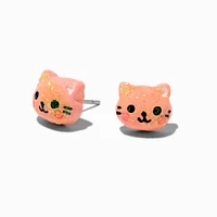 Pink Glitter Cat Face Stud Earrings