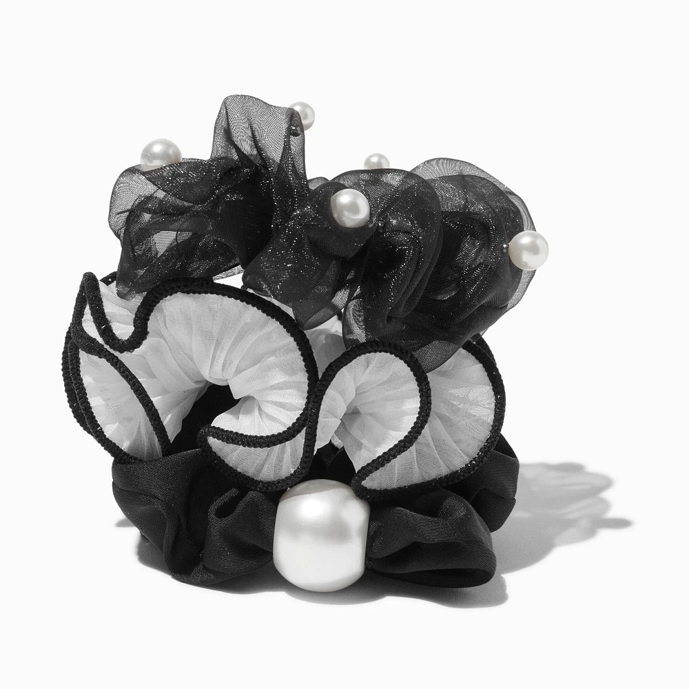 Pearl Accented Black & Cream Hair Scrunchies - 3 Pack