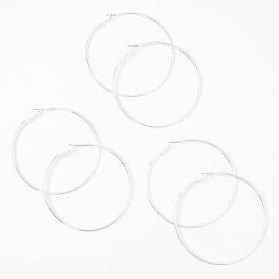 Silver Textured Hoop Earrings - 70MM, 75MM, 80MM