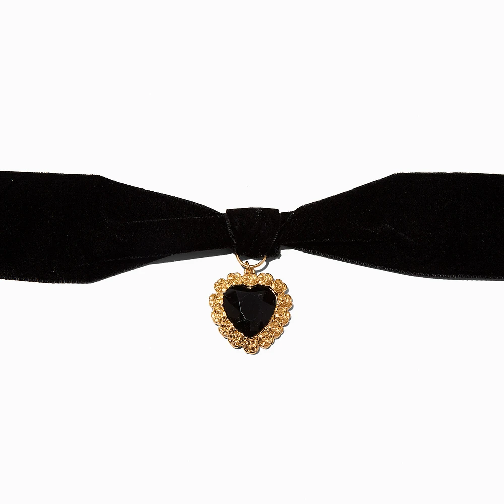 Gold-tone Heart Black Velvet Bow Choker Necklace