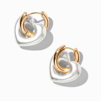 Gold-tone & Pearl Puffy Heart Hoop Earrings