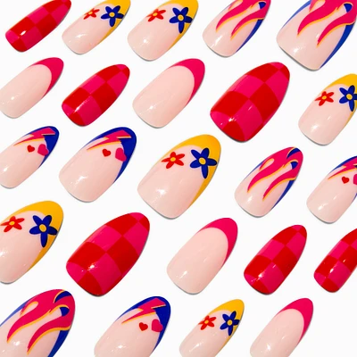 Red Check & Floral Icon Stiletto Vegan Faux Nail Set - 24 Pack