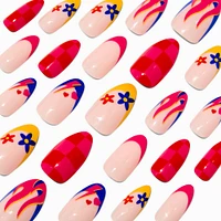 Red Check & Floral Icon Stiletto Vegan Faux Nail Set - 24 Pack