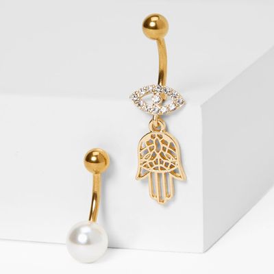 Gold Hamsa Hand & Pearl 14G Belly Rings - 2 Pack
