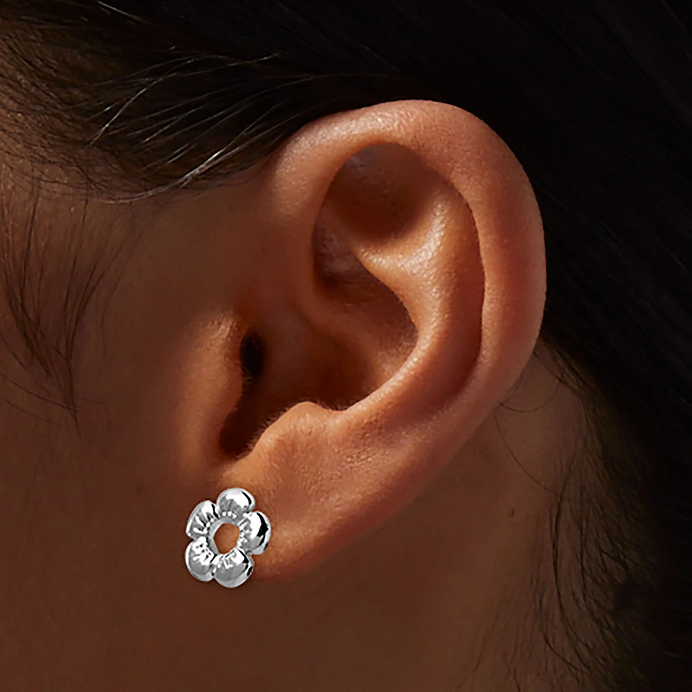 Silver-tone Puffy Flower Stud Earrings