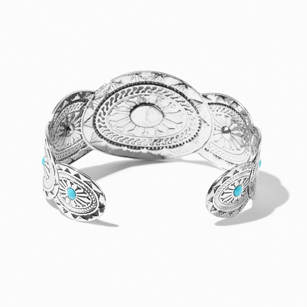 Silver-tone Turquoise Medallion Band Cuff Bracelet