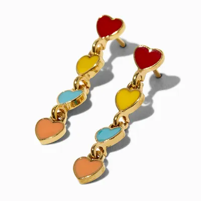 18K Gold Plated 1" Rainbow Enamel Heart Linear Drop Earrings
