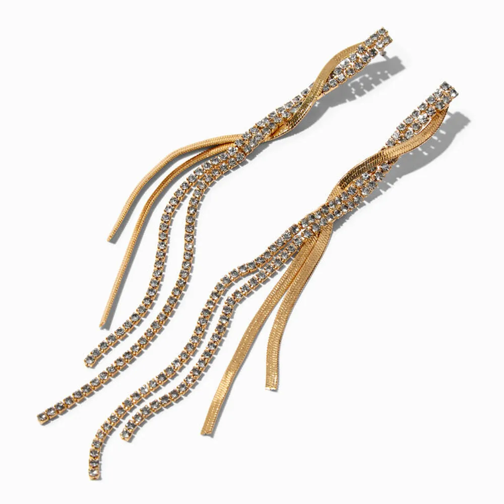 Gold-tone Herringbone & Crystal 4" Linear Drop Earrings