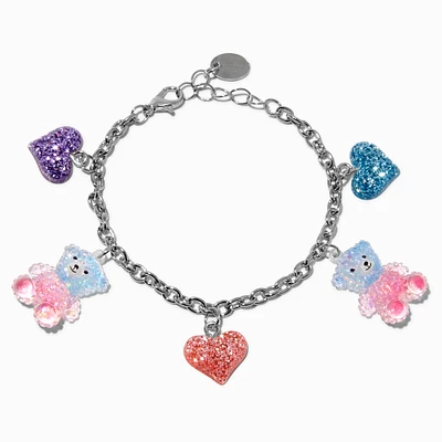 Bear & Glitter Heart Silver-tone Charm Bracelet