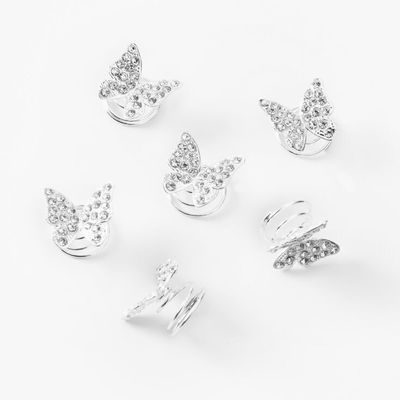 Silver Butterfly Rhinestone Hair Spinners - 6 Pack