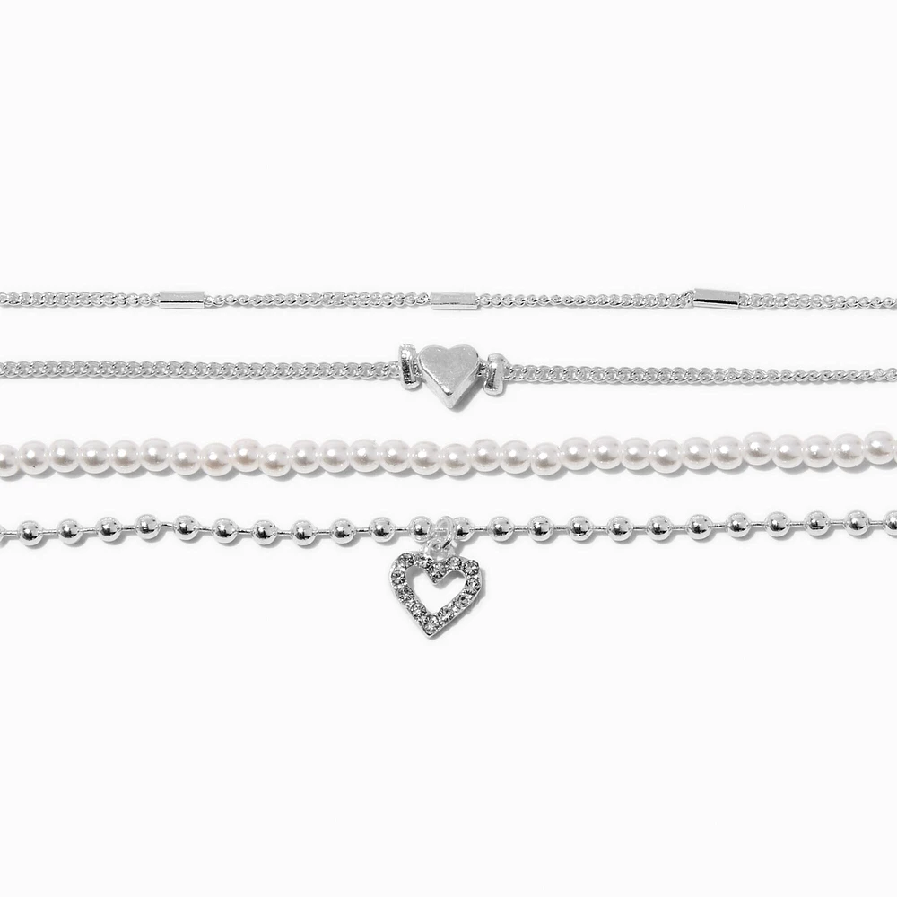 Silver-tone Heart & Pearl Chain Bracelets - 4 Pack