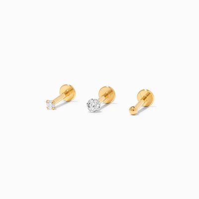 Gold-tone Titanium 16G Crystal Fireball Threadless Labret Lip Studs - 3 Pack