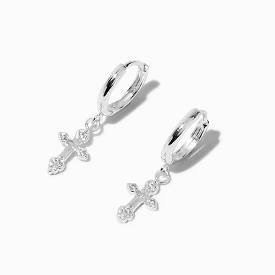 C LUXE by Claire's Sterling Silver Cubic Zirconia Ornate Cross Hoop Earrings