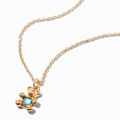 Gold March Birthstone Teddy Bear Pendant Necklace