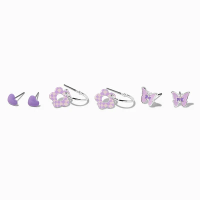 Purple Butterflies, Flowers, & Hearts Mixed Earring Set - 3 Pack