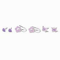 Purple Butterflies, Flowers, & Hearts Mixed Earring Set - 3 Pack