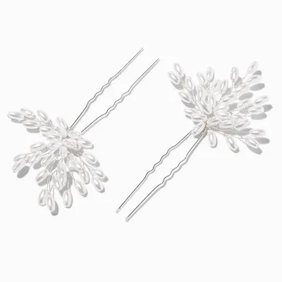 White Pearl Floral Spray Hair Pins - 2 Pack