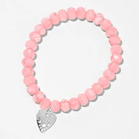 Silver Heart Pink Beaded Stretch Bracelet