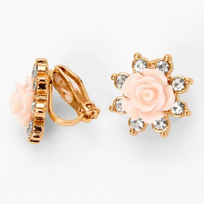 Gold Crystal Pink Rose Clip-On Earrings