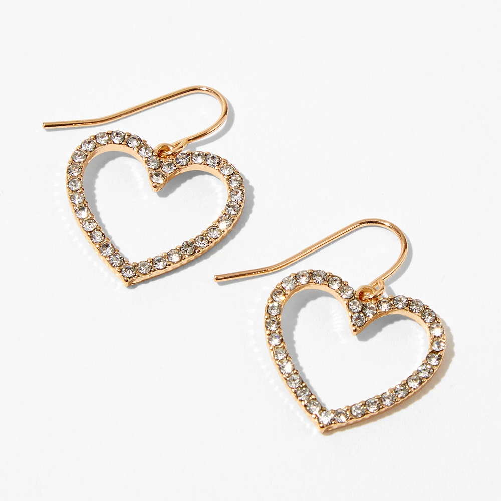 Gold 1.5" Embellished Crystal Heart Drop Earrings