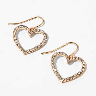 Gold 1.5" Embellished Crystal Heart Drop Earrings