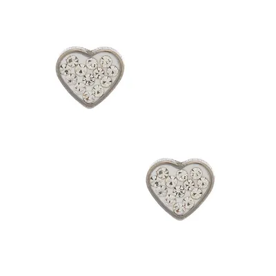 Silver Titanium Crystal Heart Stud Earrings - White